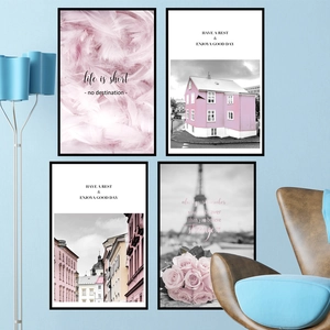 Set of 4 pink Nordic landscape wall art prints with black frames for bedroom decor