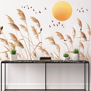 New Chinese wall decals with sunset, flying birds, and reed leaves for living room decor