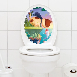 Cartoon cat and red fish waterproof PVC wall sticker for bathroom toilet lid decoration