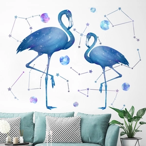 Artistic flamingo wall stickers with blue starry sky patterns and colorful planets for bedroom