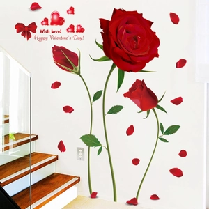 Romantic red rose wall stickers with heart and Valentines Day slogans for bedroom decor