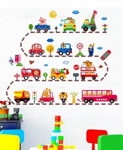 Close-up of colorful cartoon vehicle wall stickers and traffic signs for kids room