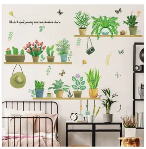 Detail of Nordic style PVC wall decals showing potted plants and shelves on white bedroom wall