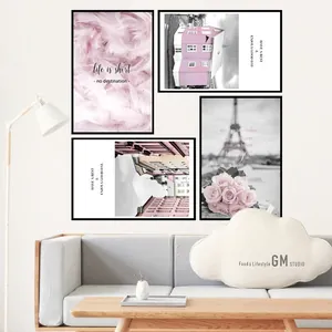 Pink Nordic landscape wall art set of 4 with black frames for modern living room decor