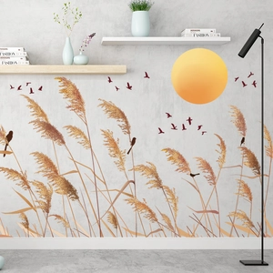 New Chinese style wall stickers featuring sunset birds and reed leaves for home decor