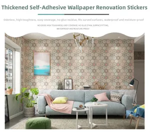 Thick self-adhesive wallpaper with pink and green hexagonal floral patterns in a living room