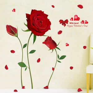 Romantic red rose wall stickers with heart petals and festive Valentine's Day text