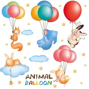 Stickers muraux animaux avec ballons et nuages bleus pour décoration de chambre d'enfant