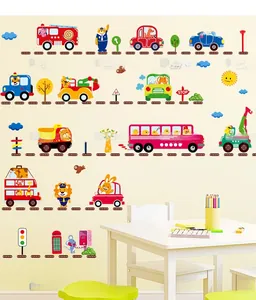 Close-up of cartoon animal vehicles wall decals with colorful cars and traffic signs