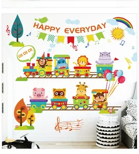 Vibrant cartoon animal train wall stickers with sun and rainbow for kids room