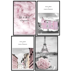 Set of 4 Nordic pink posters featuring Eiffel Tower and feathers in black frames