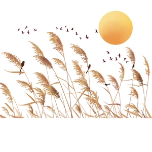 Modern reed leaves wall sticker with a warm sunset and birds silhouette decoration