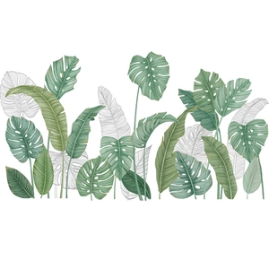 Nordic tropical monstera and banana leaf wall stickers with watercolor green plant design