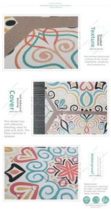 Detail of waterproof matte embossed wallpaper with bohemian tile patterns and self-adhesive back