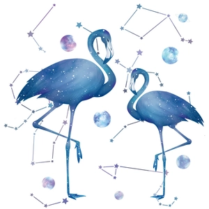 Creative flamingo wall stickers with starry galaxy patterns and celestial constellations