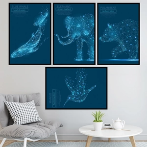 Modern set of 4 animal geometric wall art prints with dark blue background and black frames
