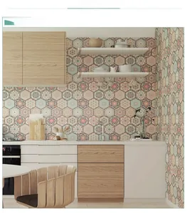 Detail of waterproof hexagonal mandala wall stickers on a modern kitchen backsplash