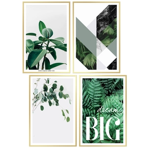 Set of 4 Nordic tropical plant wall art prints with minimalist gold metal frames