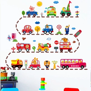 Colorful cartoon vehicle wall stickers featuring animals driving cars for kids room decor