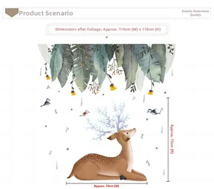 Detailed dimensions of Nordic deer and leaf wall decal with waterproof PVC material textures