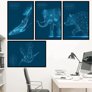 Modern animal wall art set featuring geometric blue LED style whale and elephant prints