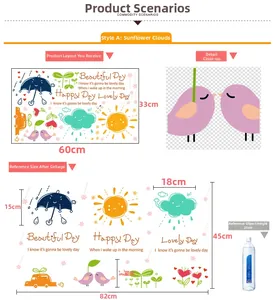 Detailed layout view of cartoon DIY sun and clouds wall sticker with dimensions