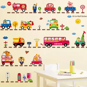 Cartoon transportation wall decals with school bus and fire truck for kids room decor