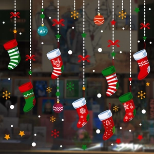 Christmas window stickers set with snowflakes, ornaments and stockings for holiday decor