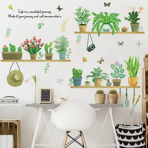 Potted plants wall stickers with butterflies and inspirational quotes for home decor