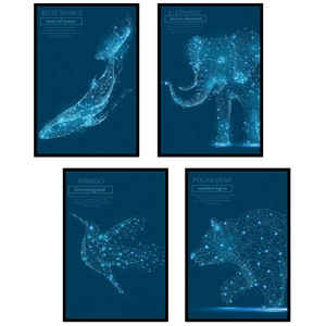 Modern geometric animal wall decals set with glowing blue neon constellations on dark background