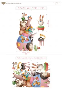 Detailed size chart for cartoon animal wall stickers showing layout and finished dimensions
