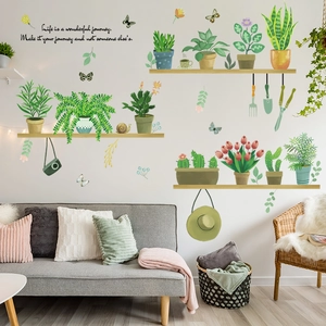 Watercolor potted plants and wooden shelf wall stickers for fresh living room decor