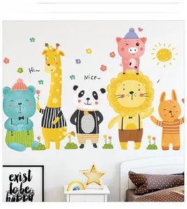 Cartoon animal wall stickers set featuring lion panda and giraffe for kids bedroom decor