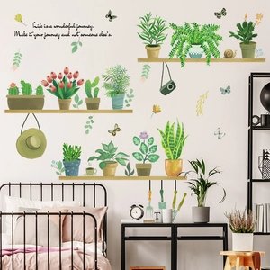 Potted plant wall stickers with fresh green leaves and shelves for bedroom decoration