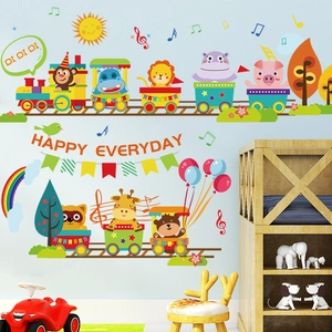 Colorful cartoon animal train wall decal with monkeys and lions for nursery decor