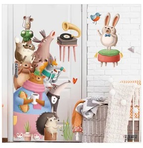 Detail of cartoon animal wall stickers featuring a bear, elk, and rabbit on a white door