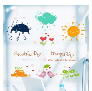Detailed close-up of cartoon wall stickers with sun and clouds for kids rooms