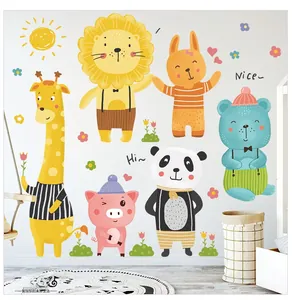 Vibrant cartoon animal wall stickers featuring a lion, giraffe, and panda for nursery decor