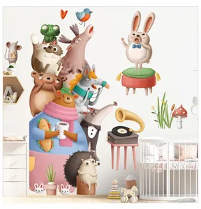 Macro detail of cartoon forest animal wall stickers on a white nursery bedroom wall