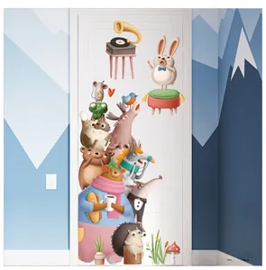 Detailed close-up of cartoon animal wall stickers featuring a rabbit and bear on a door