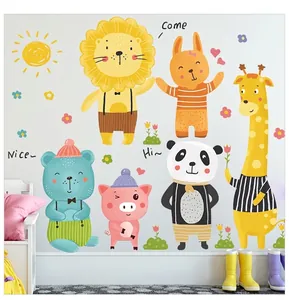 Cute cartoon animal wall stickers with lion giraffe and panda for kids room decor