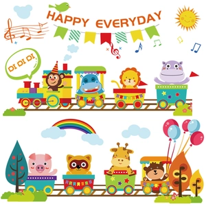 Cartoon animal train wall stickers with lion and giraffe for kids nursery room decor