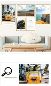 Detail of modern gold-framed Nordic wall art set featuring palm leaves and road scenery