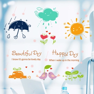 Cartoon wall stickers set with sun clouds and flowers for kids room nursery decor