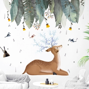 Waterproof self-adhesive wall decals featuring a watercolor deer, birds and green leaves