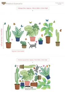 Detail view of tropical plant wall stickers with cat motif and layout dimensions