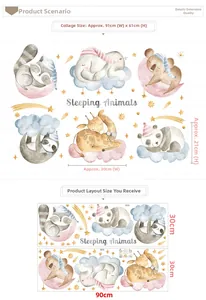 Detailed size guide for sleeping animal wall stickers showing layout and finished dimensions