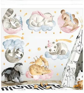Watercolor sleeping animals wall stickers featuring raccoon, elephant and koala designs