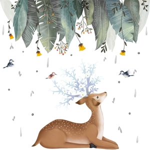 Nordic watercolor deer and green leaves wall sticker for a fresh living room decor
