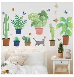 Detail of watercolor cat and potted plant wall stickers in a modern bedroom interior decor